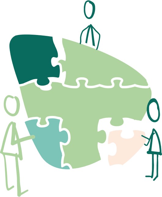 Illustration de personnages constituant les pièces d'un puzzle, signe de coopération